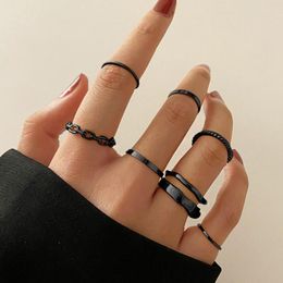 Cluster Rings Punk Black Wide Chain Set For Women Girls Fashion Irregular Geometric Finger Thin Ring 2023 Female Party Jewellery Gifts