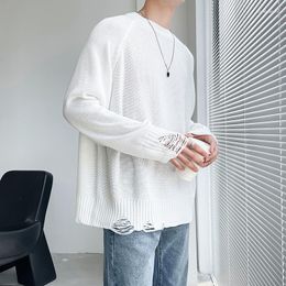 Men's Sweaters Winter White Sweater Men Warm Fashion Oversized Knitted Pullover Korean Loose Round Neck Hole Mens Jumper Clothes