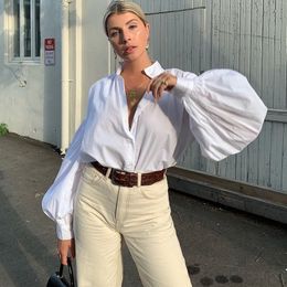 Women's Blouses Shirts Chic Lantern Sleeve V Neck Plain Shirts Women Solid Colour Blouse Lady OL Tops Autumn Spring Lapel Button Down Shirts 230808