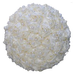 Decorative Flowers High Quality Handmade 18cm Silk Rose Flower Bouquet With Pearls Artificial Wedding Holding