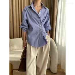 Women's Blouses 2023 Autumn/Winter Shirt Blue And White Stripe Polo Collar Side Button Design Top Fashion