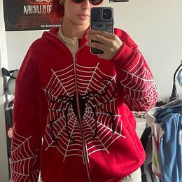 Women's Hoodies Sweatshirts Spider Web Red Graphic Women Sweatshirts Harajuku Vintage Grunge Y2k Zip Up Hoodie Loose Couple Jacket Hooded Long Sleeve Tops 230808