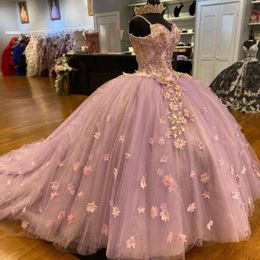 Lavender Sweetheart Sexy Spaghetti Strap Quinceanera Ball gown Quinceanera Dress Appliques 3DFlower Beads vestidos de 15