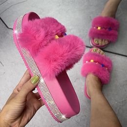 Slippers Women Fur Autumn Outdoor Bling Pink White Flat Sandals Plush Fashion Casual Home Slippres Comfortable Shoes