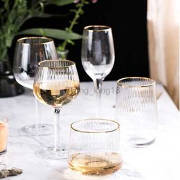 Golden Edge Vertical Striped Wine Glass Wedding Crystal Glass Goblet Champagne Glasses Transparent Vodka Whiskey Cup Beer Glass HKD230809