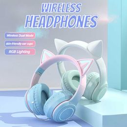 ECHOME Wireless Headphones RGB Lighting Cat Ear Bluetooth Dual Mode Cute Gaming Headset Support 3.5mm Plug with Detachable Mic HKD230809