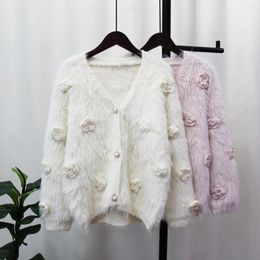 Women's Knits Autumn Winter Korea Version Knitted Women Cardigan Loose Cute Fashion Female Sweater Jacket Coat 3D Flower