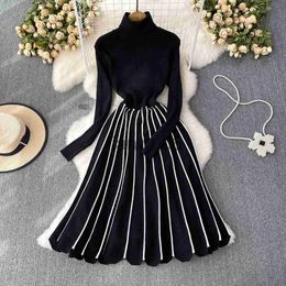 Basic Casual Dresses Soft Warm Black Dress For Women Turtleneck Long Sleeve Slim ALine Knitting Dresses Patchwork Striped Ruched Midi Bottom Vestido J2308009