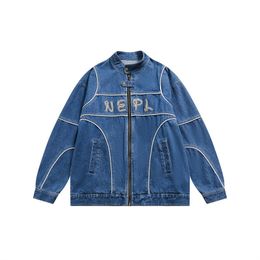 Mens Jackets Retro Line Decoration Denim Jacket Men Women Couple Loose Zipper Cowboy Coats Spring Fashion Jeans 230809