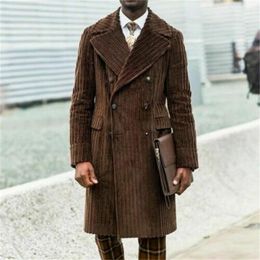 Men's Suits Brown Corduroy Men Suit Overcoat Double Breasted Tuxedos Peaked Lapel Blazer Business Long Coat Winter Customise Jacket