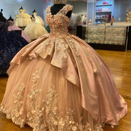 Champagne Shiny V-Neck Quinceanera Dress Ball Gown Off The Shoulder 3D Flowers Appliques Beading Corset Pageant Sweet 15 Party