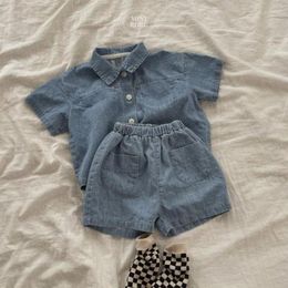 Clothing Sets Cool Denim Set Girl Solid Shirt Short Sleeves Turn-down Collar T-shirt And Jeans Children Boys Fashion High Quality Suit