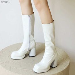 Platform Womens High Knee Boots Autumn Winter Patent Leather Knee High Boots Women Waterproof Heel White Red Party Fetish Shoes