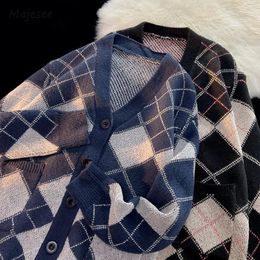 Men's Sweaters Cardigan Men Korean Style Chic Long Sleeves Loose Argyle Autumn Streetwear Harajuku Males Knitwear Fashion Daily Minimalist