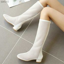 Black White Pink Summer Women Knee High Boots Comfortable Square Heel Round Toe Mesh Boots Zipper Summer Woman' S Shoes Big Size L230704