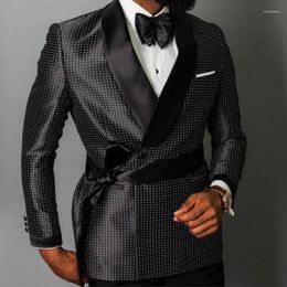 Men's Suits Double Breasted Dots Men With Belt Slim Fit Wedding Tuxedo For Groomsmen 2 Piece Man Fashion Set Jacket Black Pants