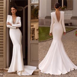 Elegant Mermaid Wedding Dress Satin V Neck Bridal Gowns Long Sleeve Beading Sweep Train Bride Dresses vestido de casamento