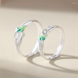 Cluster Rings Fresh Couple Men Women Wedding Finger Accessories Creative Crystal Green Leaf Open Ring For Lover Valentine's Day Gift