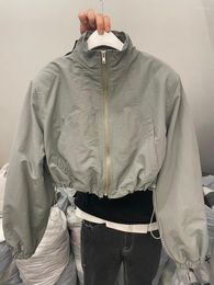 Women's Jackets 2023 Stand Collar Drawstring Zipper Jacket Korean Fashion Short Sport Coat Long Sleeve Casual In Outerwear Chic Tops