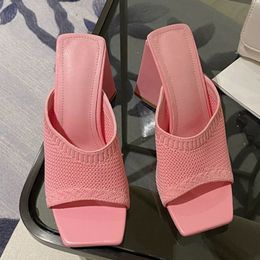 Liyke Arrival Pink Stretch Fabric Women Triangle Thick Heels Sexy Party Slippers Square Toe Summer Sandals Dress Slide Shoes 230808F09Gc531