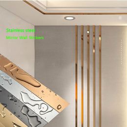 Wall Stickers 1 Roll Gold Sticker Stainless Steel Flat Decorative Lines Ceiling Edge Strip Mirror Living Room Decoration 230808