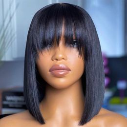 Synthetic Wigs Short Straight Bob Human Hair Wigs With Bangs Full Machine Made Wigs For Black Women Glueless Fringe Wig Brazilian 230808