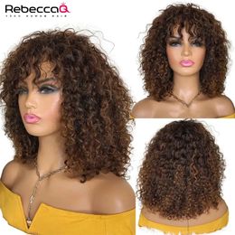 Synthetic Wigs Short Curly Bob Human Hair Wigs With Bangs Full Machine Made Wigs Highlight Honey Blonde Coloured Wigs For Women Remy Hair 230808