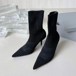 Gerippte Socken mit Markenmanschetten, Stiefeletten mit Absatz, elastische, gestrickte schwarze Leder-Fahrradstiefel zum Schnüren, Luxus-Designerschuhe für Damen, Fabrikschuhe 8,5 cm