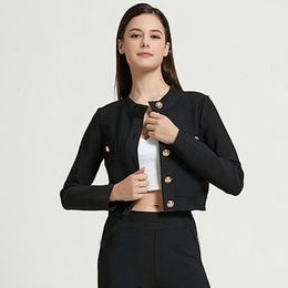 Womens Jackets Autumn Long Sleeve Top Metal Buckle Jacket Bandage Casual Vacation Round Neck Black 230808