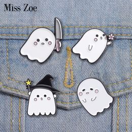 Boo Ghost Enamel Pins Custom Halloween Spooky Dagger Ghost Brooches Lapel Badges Cartoon Punk Funny Jewellery Gift for Friends