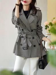 Women's Trench Coats Trench Coat for Women Autumn Winter Fashion Korea Plaid Vintage Houndstooth Elegant Casual Outerwear Oversize Coat Jacket 230808