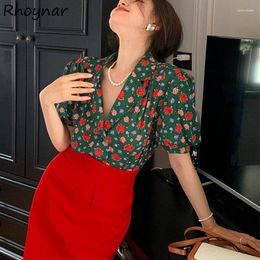 Work Dresses Sets Women Summer Floral Puff Sleeve Chiffon Shirts Retro Red Skirts Elegant Outfits Notched Cropped Knee-length Slim Mujer