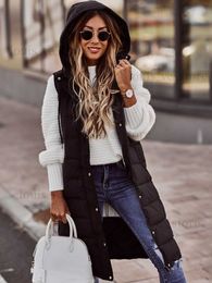 Hooded Winter Long Vest Elegant Single-breasted Sleeveless Jacket Casual Down Coat Fashion Street Waistcoat Loose Warm Outerwear T230809