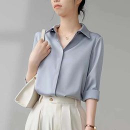 Blusa feminina de cetim azul tricolor, manga comprida, outono, todas combinadas, plumas escuras, retrô, estilo hong kong