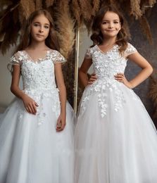 Girl Dresses White Ivory Flower Dress V Neck Ball Gown Birthday Party For Girls Child First Communion