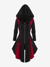 Women's Hoodies Sweatshirts ROSE GAL Gothic Hooded Lace Up Grommets Colorblock Coat Long Sleeves Asymmetrical Zipper Sweatshirts For Women Hoodies Winter 230808