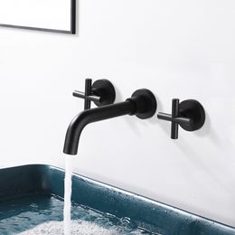 Banyo muslukları mat siyah pirinç çift saplı duvara monte lavabo sıcak soğuk su muslukları fırçalanmış altın havza karıştırıcı tapware seti