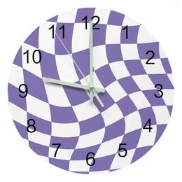 Wall Clocks Geometric Plaid Purple White Luminous Pointer Clock Home Ornaments Round Silent Living Room Bedroom Office Decor