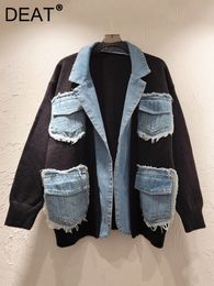 Womens Jackets DEAT Knit Patchwork Denim Multiple Pockets Design Contrast Colour Coat For Women Long Sleeve Jacket Autumn 11XX5109 230808