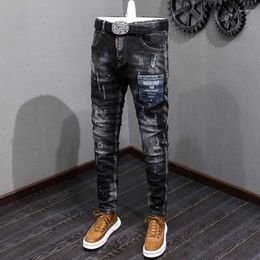 Men's Jeans Street Fashion Men Retro Black Gray Stretch Slim Ripped Painted Trousers Pocket Designer Hip Hop Pants Hombre