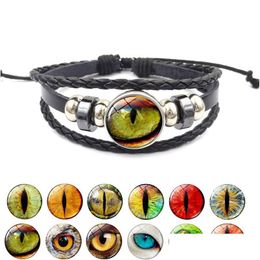 Charm Bracelets New Dragon Evil Eye Leather Wrap Bracelet 3D Eyeball Time Gemstone Glass Cabochon Snap Buttons For Women Men Fashion D Dhhqy