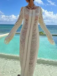 Women's Swimwear Summer Bikini Cover Up Women Long Beach Dress 2023 Fashion Tunic White Sexy Slim Knitted Split Crochet Hollow Out Holiday