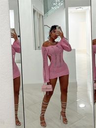 Urban Sexy Dresses Habbris Summer Sexy Hollow Out Bodycon Bcakless Mini Dresses Club Outfit For Women Long Sleeve Pink Knit Short Dress Female 230809