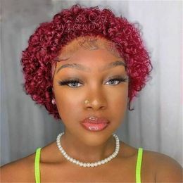 Cosplay Wigs Pixie Cut Wig Short Bob Curly Human Hair Wigs 13X1 Transparent Lace 99J Burgundy Water Deep Wave Lace Front Wig For Women 230808