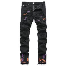 Black Ripped Patches Men's Jeans Slim-fit Stretch Paint Splash Skinny Pants Spring Autumn Distressed Streetwear