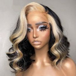 Black Short Bob Wig with Blonde Stripe Highlights Ombre Colour Body Wave Lace Front Wigs with Side Part Natural Looking
