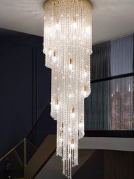 Modern Luxury Crystal Chandelier American Big Long Gold Pendant Chandeliers Lights Fixture Lustre Home Villa Stairs Way Hotel Lobby Droplight Lamparas Luminaria