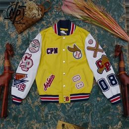 Mens Jackets Heavy Industry Embroidery Cowhide Soft Calfskin Sheepskin Leather Jacket SlimFit StandUp Collar Yellow Baseball Uniform 230809