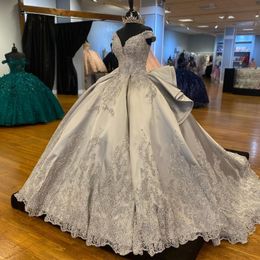 Silvery Quinceanera Dresses Off Shoulder Sleeveless Applique Lace Beading Prom Ball Gowns vestidos de 15 quinceanera