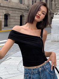 Women's T Shirts Sexy Slant Neck T-shirts For Women One Shoulder Halter Y2k Accessories Black Sleeveless Crop Top Slim Pullover Ropa De